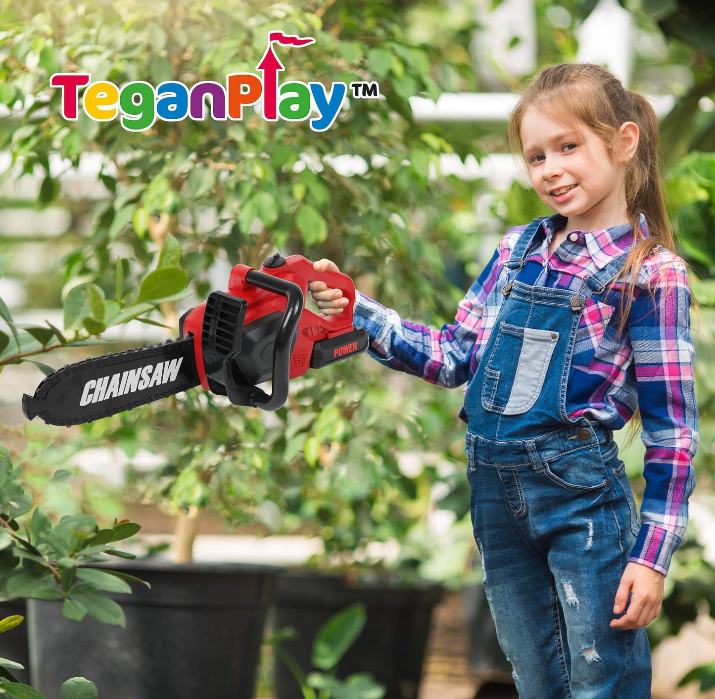 Teganplay Power Garden Tools Set For Kids Battery Operated Toy Leaf Blower, Hedge Trimmer And Chainsaw Pretend Play For Boys Girls