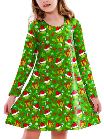 Little Girl Christmas Green Dress Cute Green Ugly Xmas Long Sleeve Fancy Printed Swing Dresses 7-8 Years
