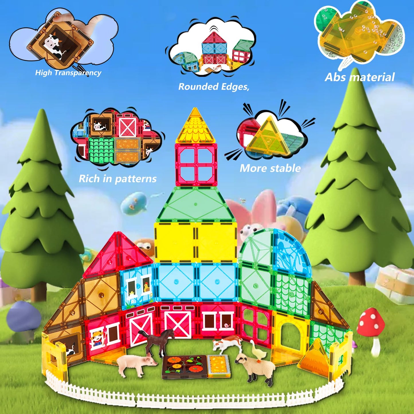 YZHDUXIU Magnetic Tiles Farm Animals for Toddlers Kids  Magnetic Blocks Building STEM Toys for 3+ Year Old Boys Girls Montessori Sensory Educational Magnet Tiles Stacking Toy