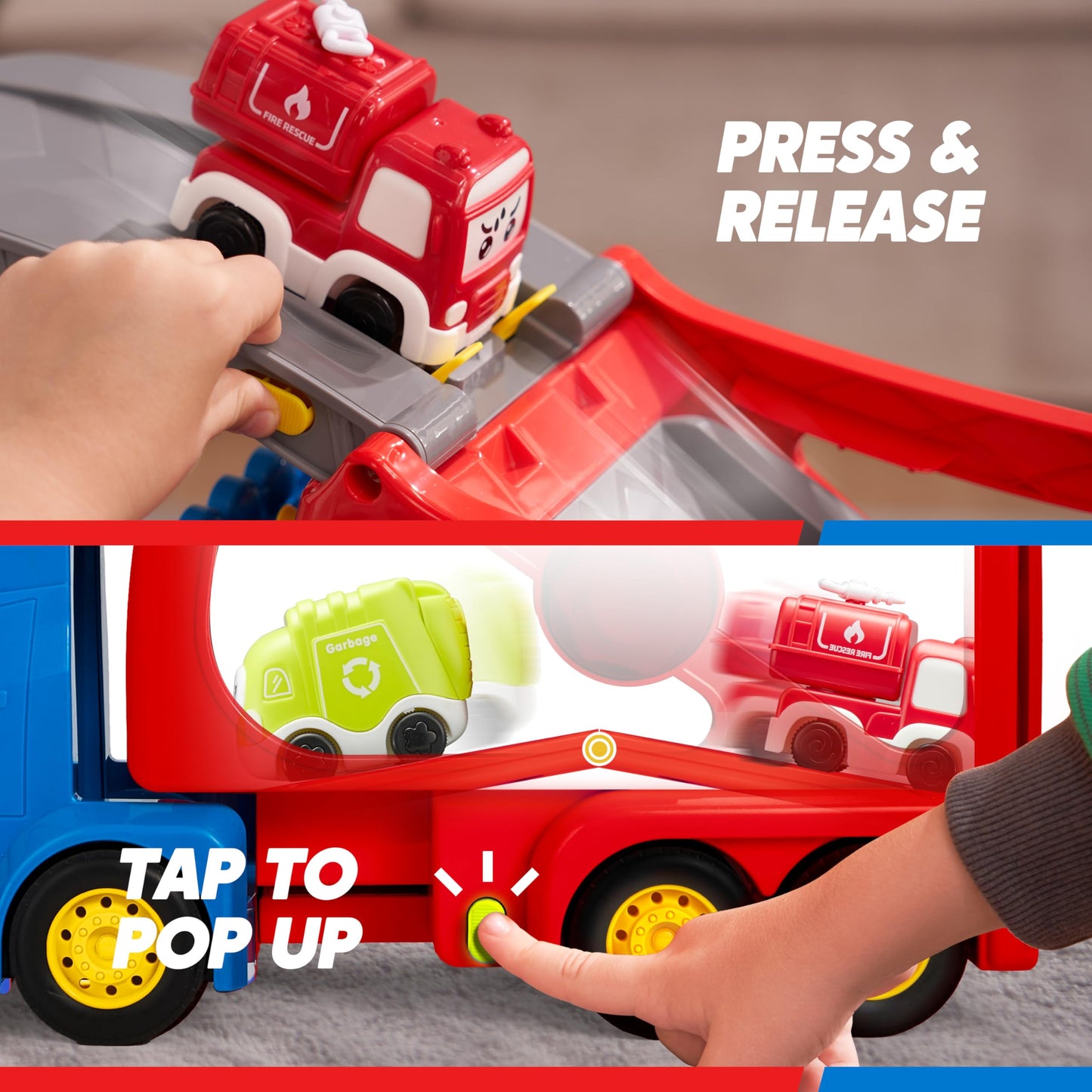 VROOMIX 7-in-1 Extra Large City Truck Toys for Boys Girls, Big Transport Vehicle Carrier Truck with 6 Cars, Extendable Head, Sou