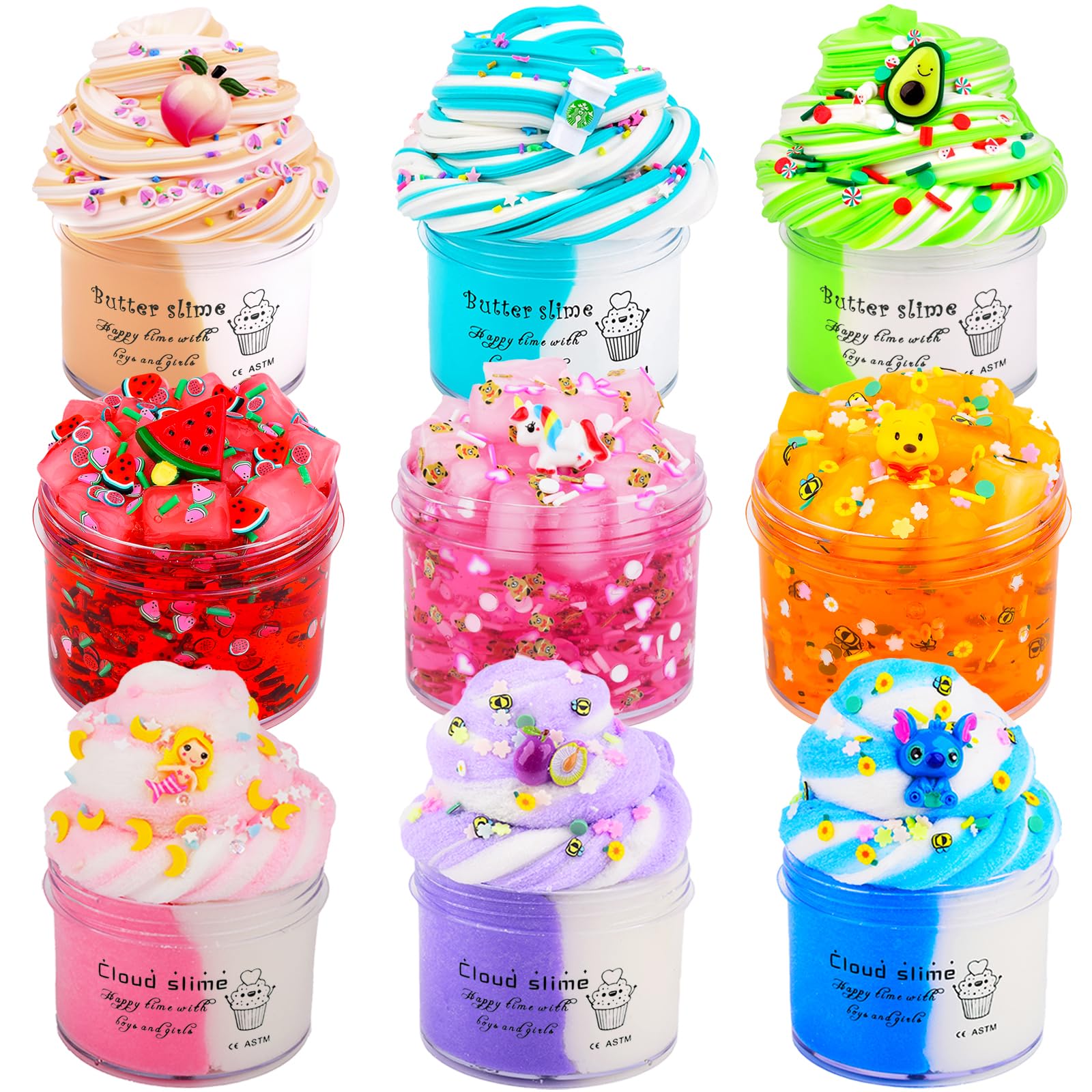 Slime Kit 9 Pack - 3 Jelly Cube Crunchy  3 Cloud  3 Butter - Soft Stretchy Clear Crunchy for Stress Relief  Party Favors  Birthday Gift - Toy for Girls Boys