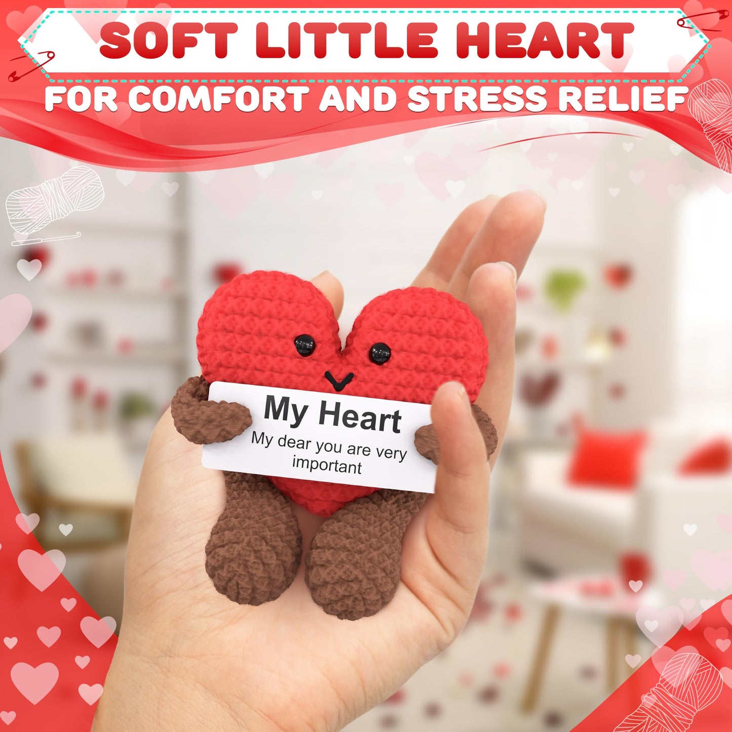 Reluen Knitted Emotional Support Heart - Soft Crochet Plush With Motivational Card, Compact Keepsake For Women, Girlfriend, Wife