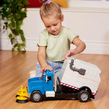 Driven by Battat Electric Street Sweeper Toy - 1:16 Scale Blue Car with Spinning Brushes, Lights, Sounds & Tilting Container for Kids 3+