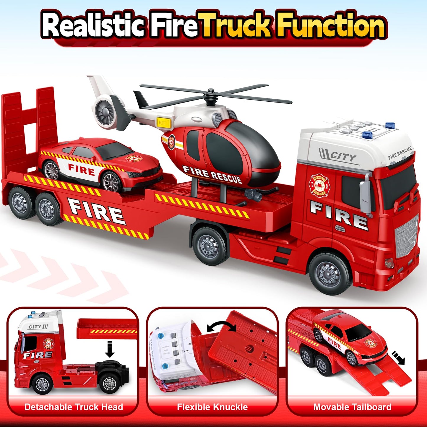 SpringFlower Truck Toddler Boy Toys, 25'' Large Fire Truck Toy with Racing Car and Helicopter,3 in 1 Lights Sounds Fire Truck Bo