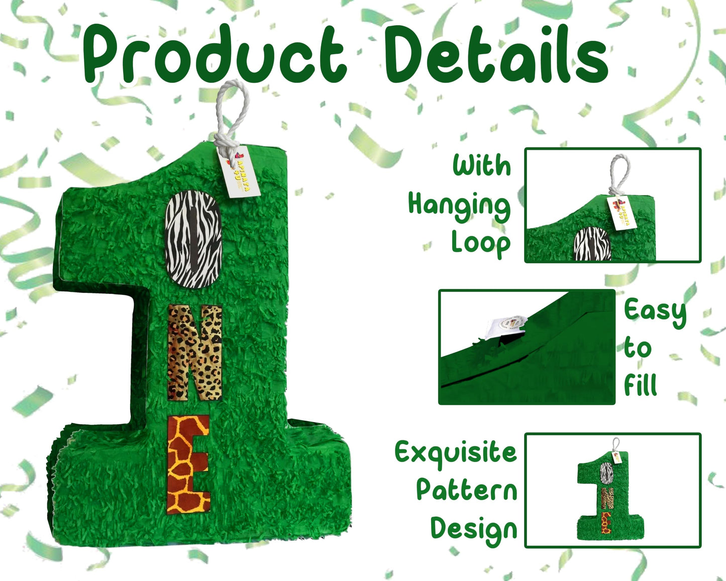 Apinata4U Large Green Number One Pinata, Jungle Theme For Kids Party, Animal Print Birthday Party, Boys And Girls 1St Birthday, Safari Theme Party Decor, Party Favor For Kids, 20 X16 X 4 Inches