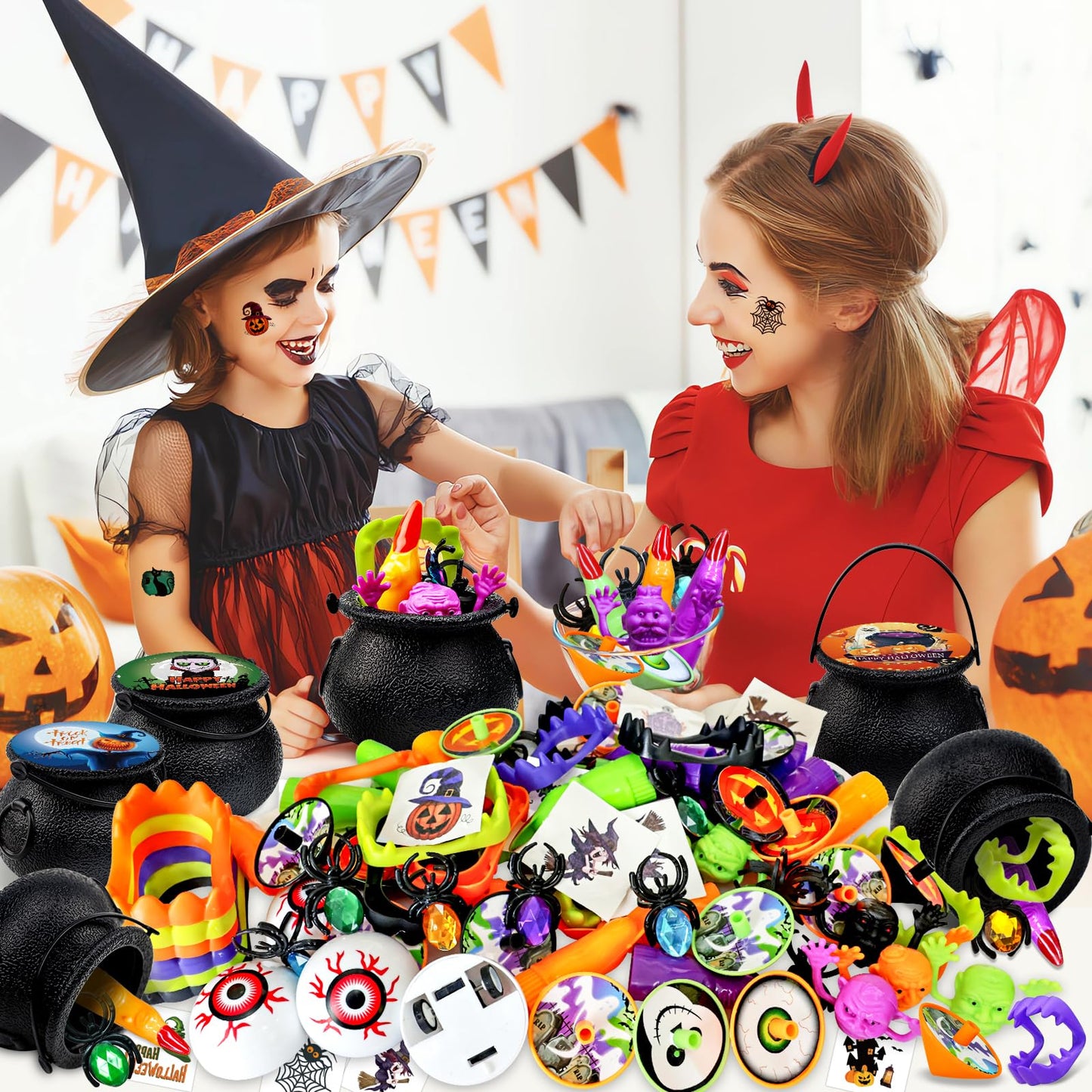 216PCS Halloween Party Favors 24 Pack Prefilled Small Plastic Witch Cauldron Halloween Toys Bulk Halloween Goodie Bag Fillers Ha