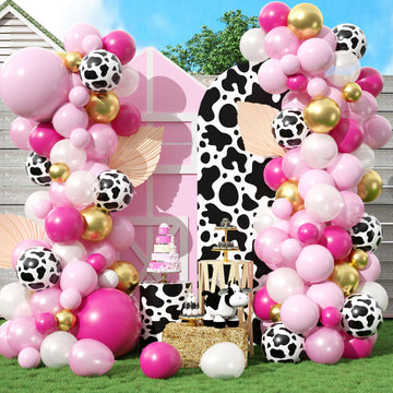 Cow Theme Balloon Arch Garland Kit, Pastel Pearl Pink Gold White Cow Print Latex Balloons Cowgirl First Rodeo Balloon Arch Kit F
