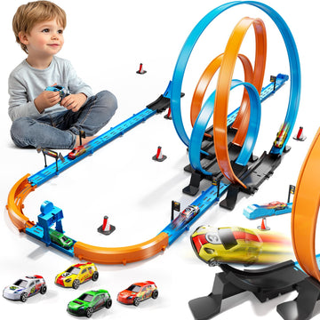 Lilybuds Toy Car Race Track Set For Boys Kids Age 3-5 4-7, Race Tracks With 4 High-Speed Pull Back Race Cars And Crash Zones, Ch