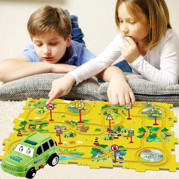 25Pcs Puzzle Racer Kids Car Track Set, Dinosaur Jigsaw Puzzle Racer Car Track Set Puzzle Track Car Play Set Preschool Gifts For