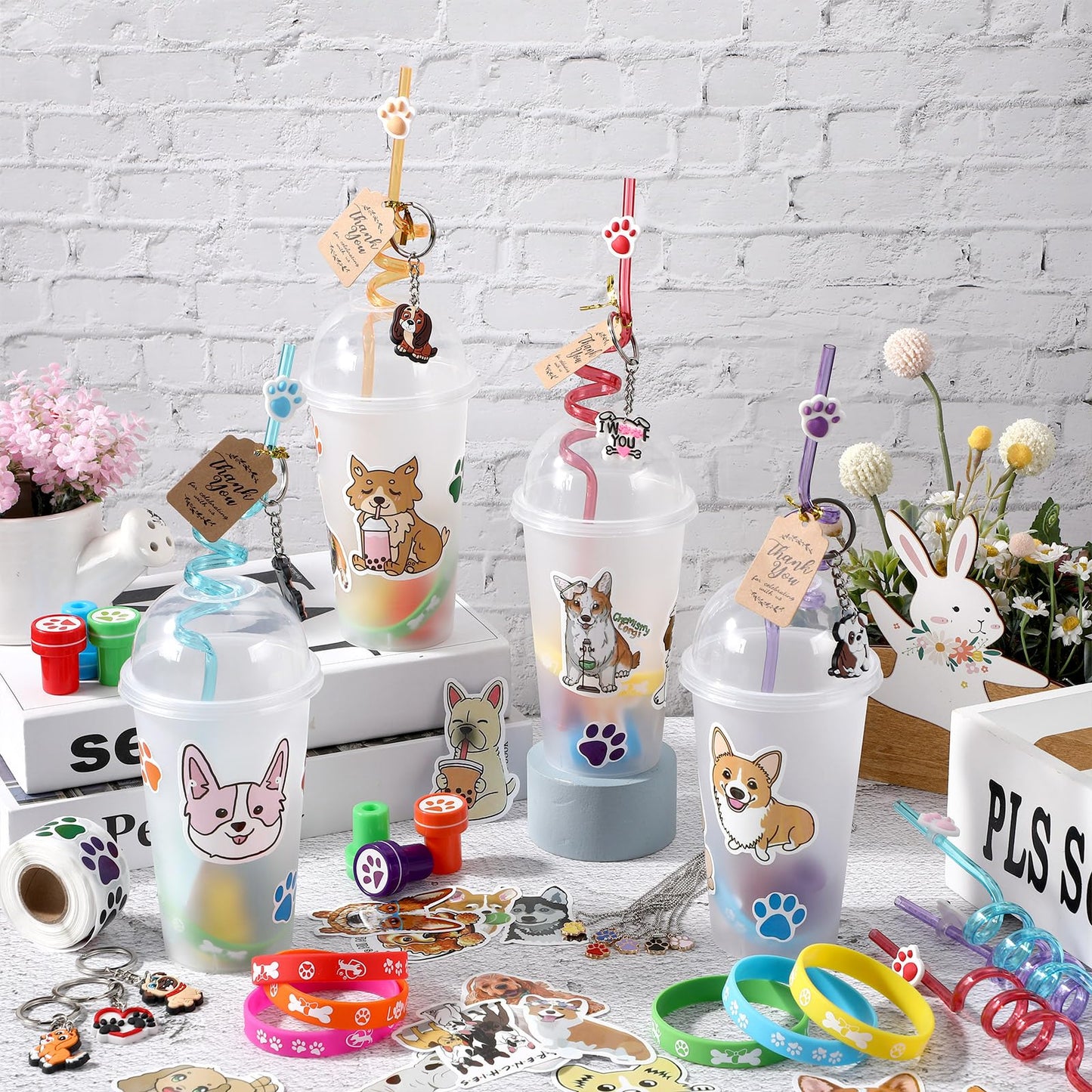 Gejoy 178 Pcs Dog Paw Party Favors Set Includes Paw Straws Cups Silicone Bracelet Keychain Stamper Sticker Pendant Chain Thank Y