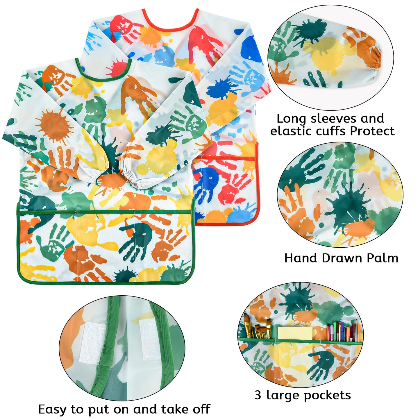 BOUBONI 2 Pcs Kids Art Smock Painting Toddler Smock Long Sleeve with 3 Pockets for Kids Art Painting Activity Kitchen Crafts (Re