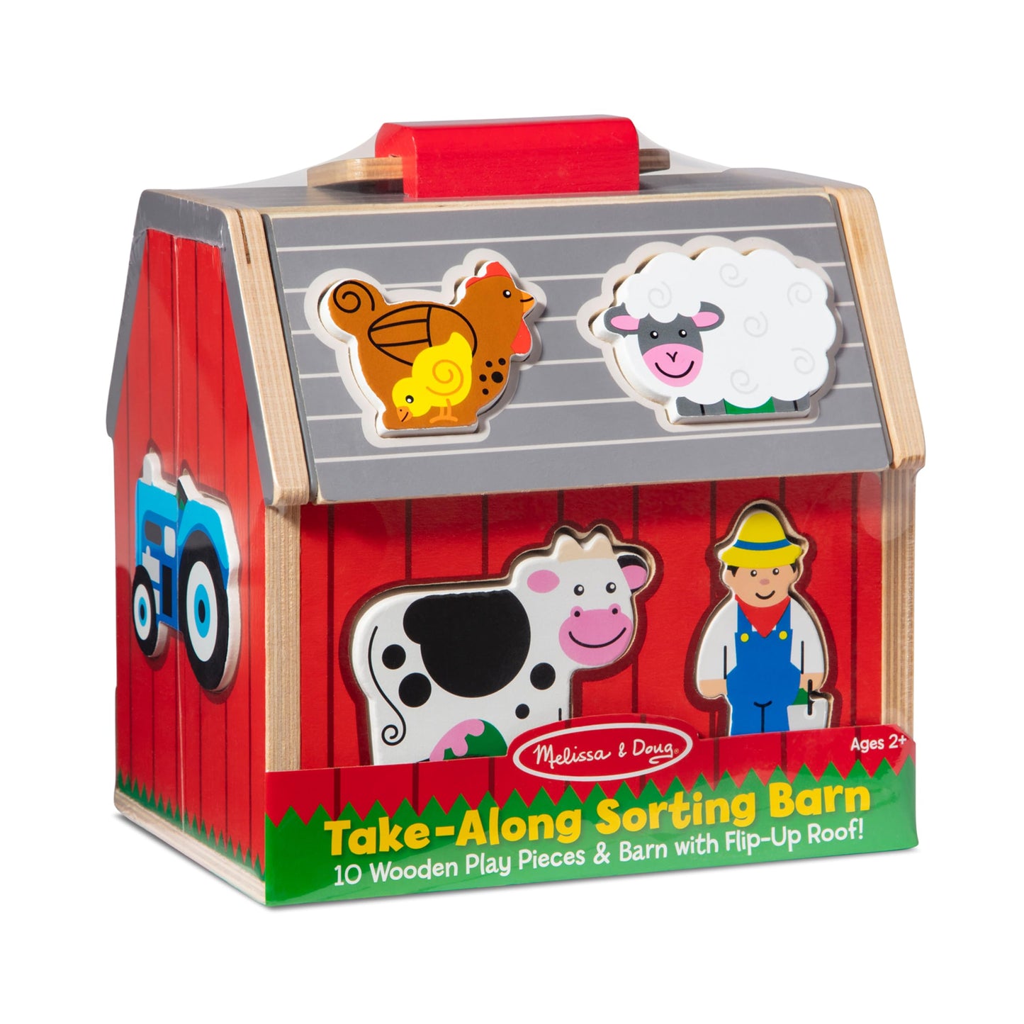 Melissa & Doug Wooden Take-Along Barn Toy With Flip-Up Roof And Handle, 10 Farm Play Pieces, Shape Sorting And Stacking Learning