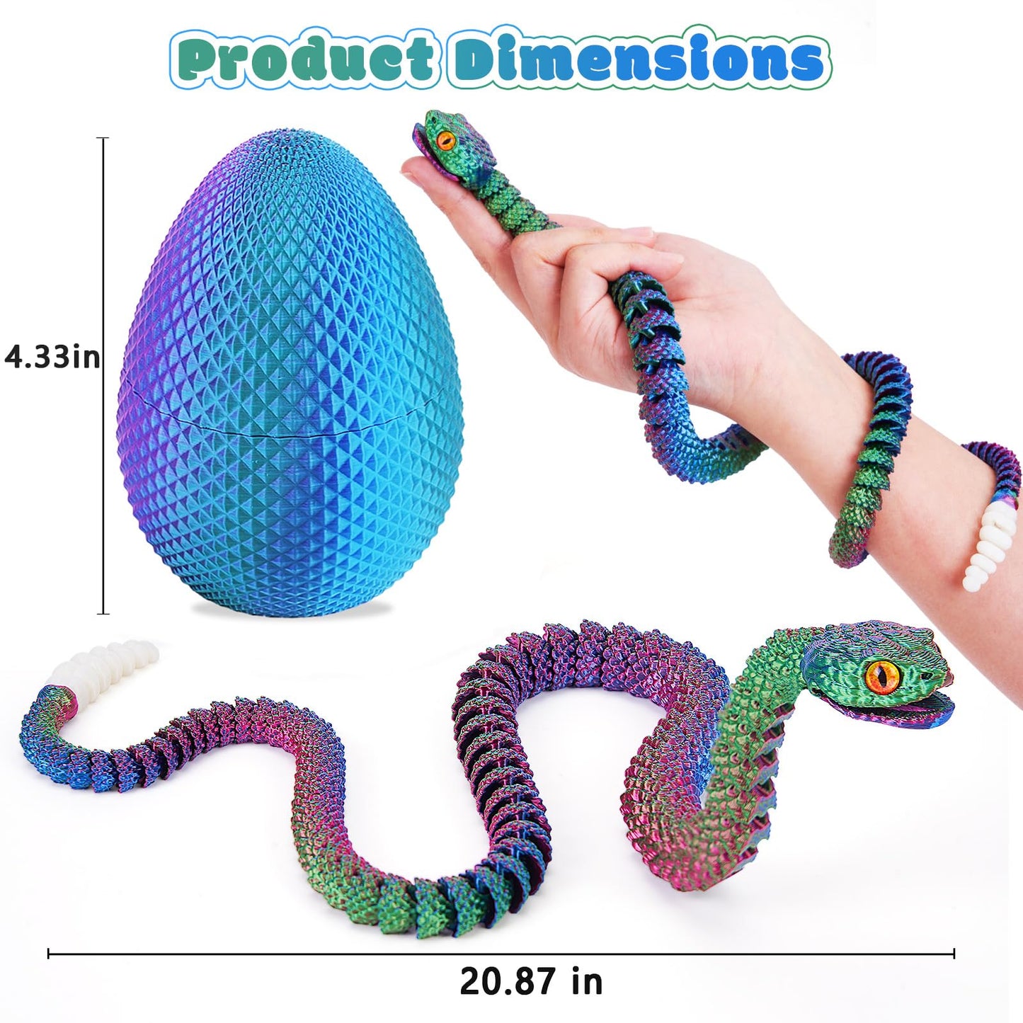 Tboline 3D Printed Snake Eggs, 21In 3D Print Flexible Articulated Animal Fidget Toys Pet Snake For Kids Teen Boy, Easter Egg Bas
