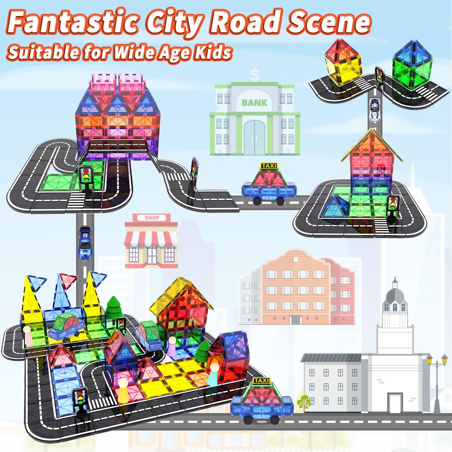 Magnetic Tiles Road Set With Car Kits, Magnetic Building Blocks Sensory Toys For Kids Ages 3-5 4-8, Stem Educational Toddlers To