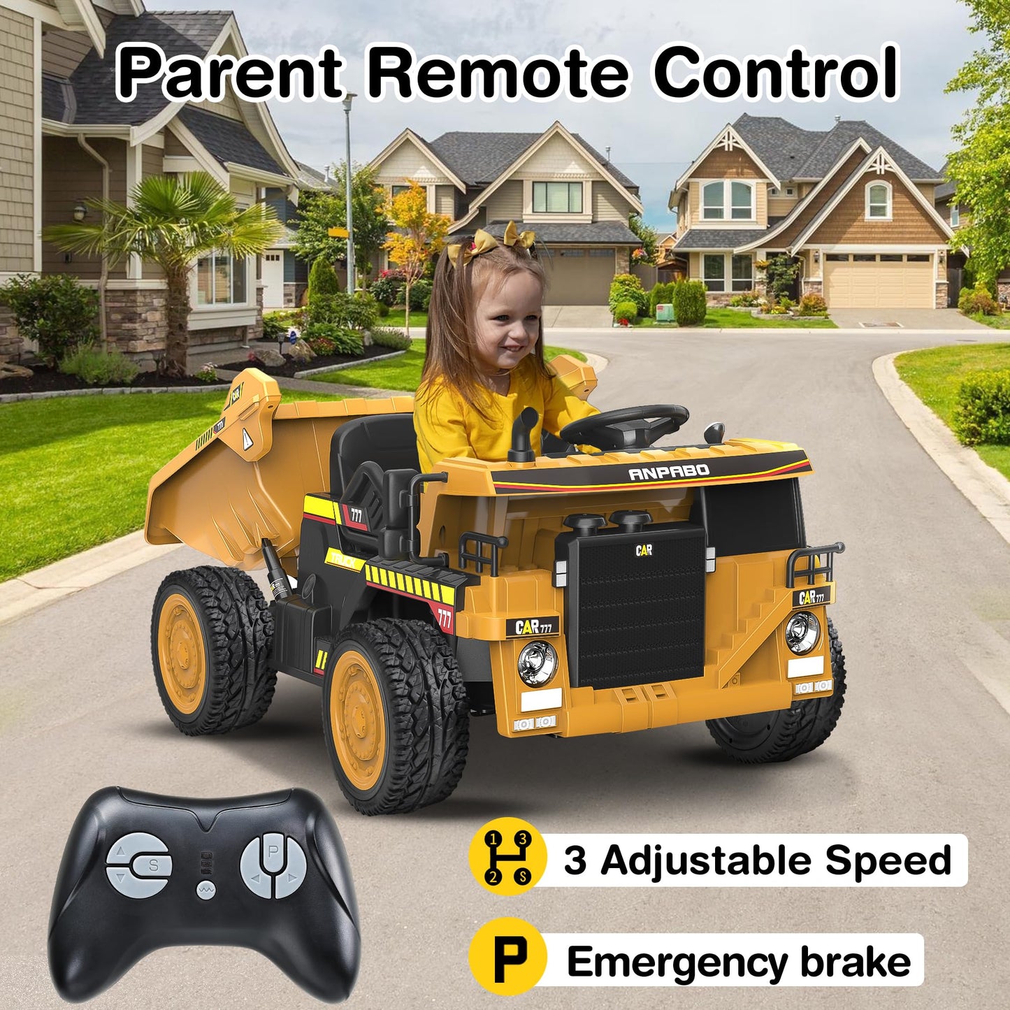 Anpabo 24V Ride On Dump Truck, 2X75W Powerful Motors, Up To 4.4Mph, Eva Tires, Construction Vehicle W/Electric Dump Bed And Extr