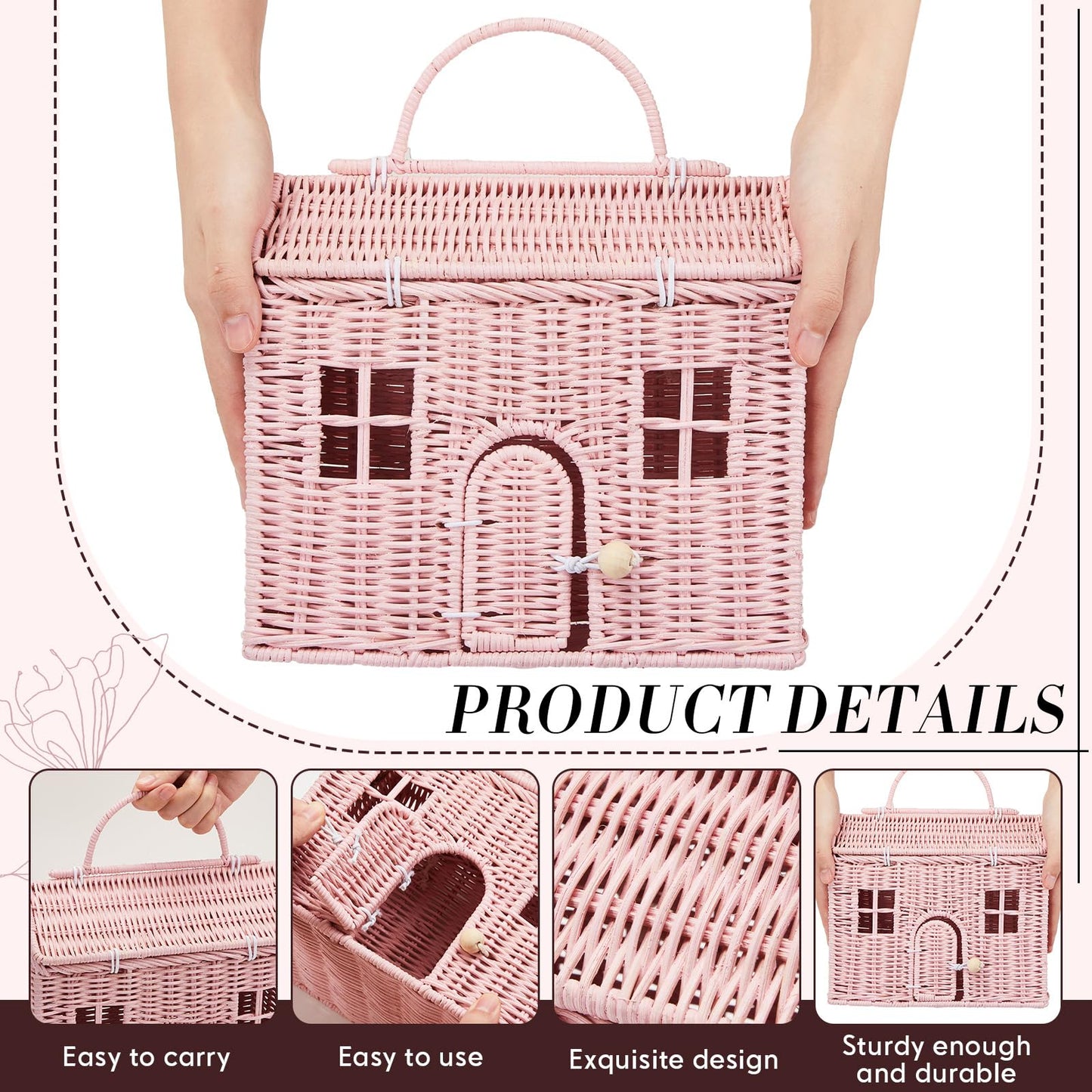 Wettarn Handmade Rattan Doll House Rattan House Shape Shoulder Bag Wicker Basket With Lid For Doll Toys Rattan Storage Basket Sm