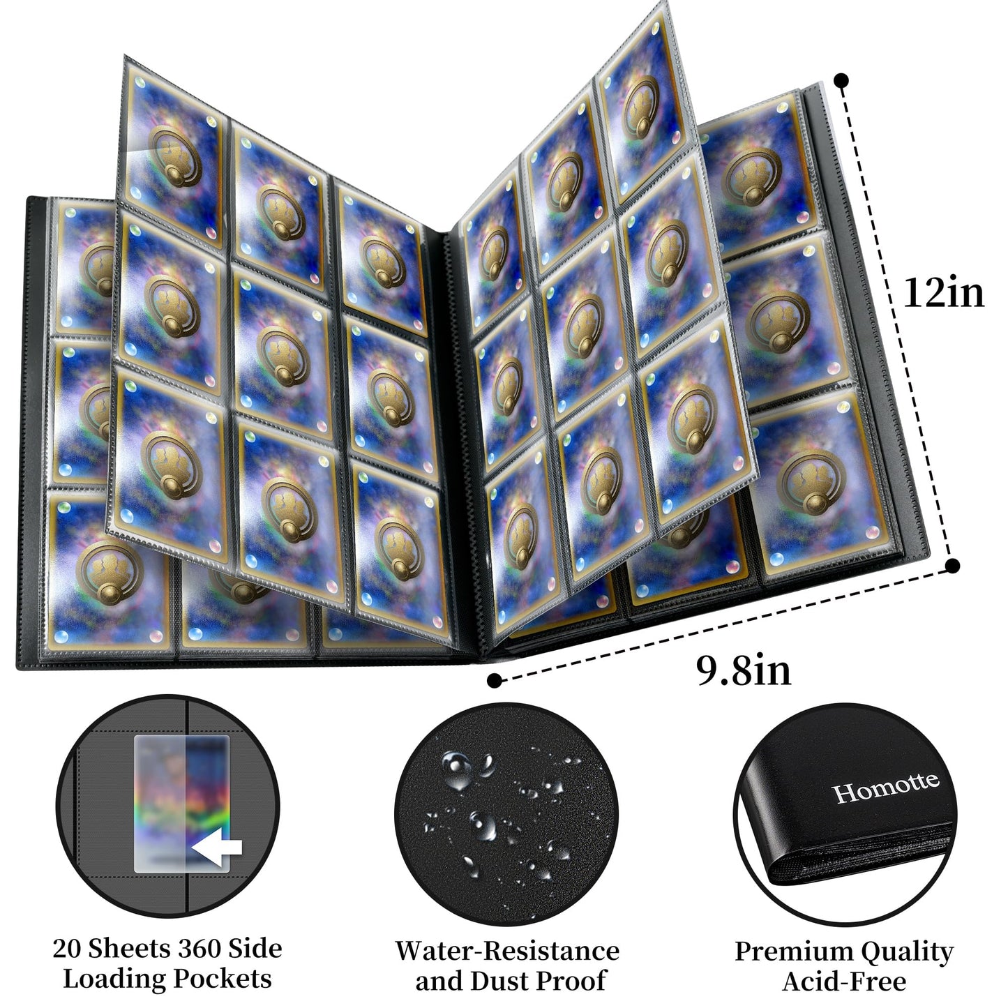Homotte Trading Cards Binder, 9 Pocket Baseball Football Binder 360 Side Loading Trading Card Holder, Standard Size Card Organiz