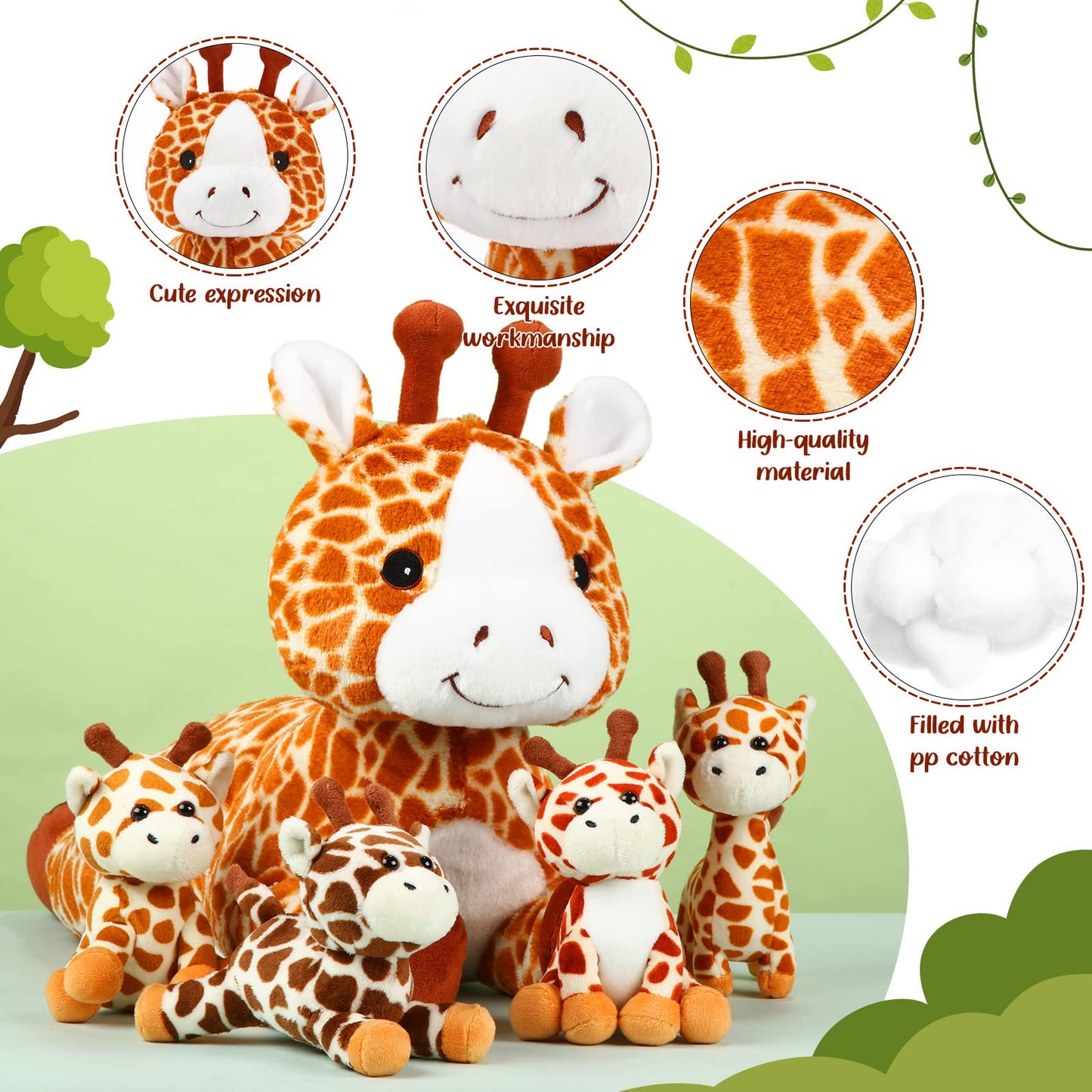 Honoson 5 Pcs Giraffe Stuffed Animals Set 18'' Large Mommy Giraffe Plush With 4 Cute Baby Giraffes Zippered Tummy Soft Giraffe G