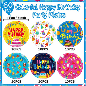 60Pcs Happy Birthday Plates Party Supplies 7    Colorful Birthday Plates Colorful Happy Birthday Tableware Party Decorations for