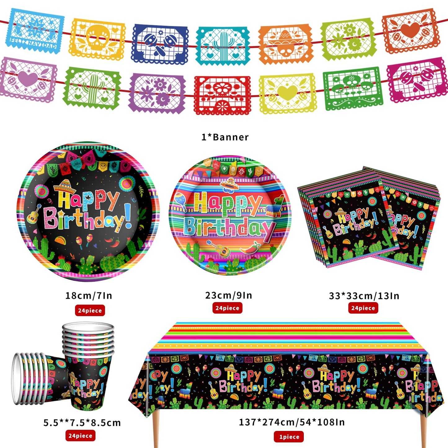Mexican Fiesta Party Supplies Tableware Set Mexican Cinco De Mayo Themed Tableware with Paper Plates Napkins Cups Tablecloth Ban