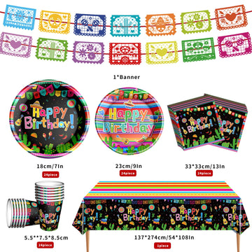 Mexican Fiesta Party Supplies Tableware Set Mexican Cinco De Mayo Themed Tableware with Paper Plates Napkins Cups Tablecloth Ban