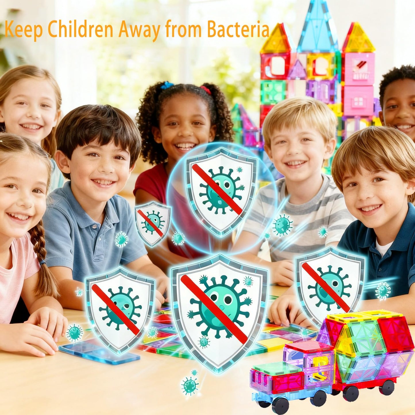 HAPPYMATY Antibacterial Magnetic Building Tiles - 106 PCS, Multicolored, 3D STEM Educational Blocks with 2 Cars for Kids