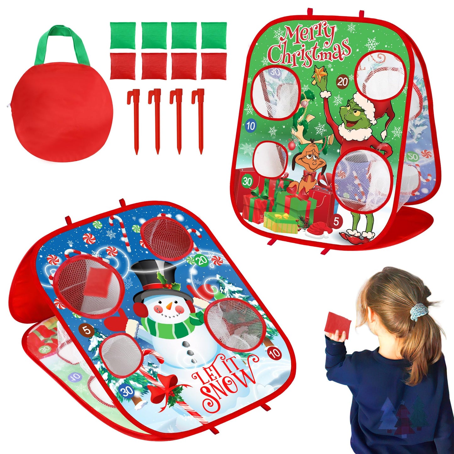 Christmas Bean Bag Toss Games For Kids, Christmas Party Games Double-Sided Collapsible Cornhole Board, Carnival Toys Gifts For B