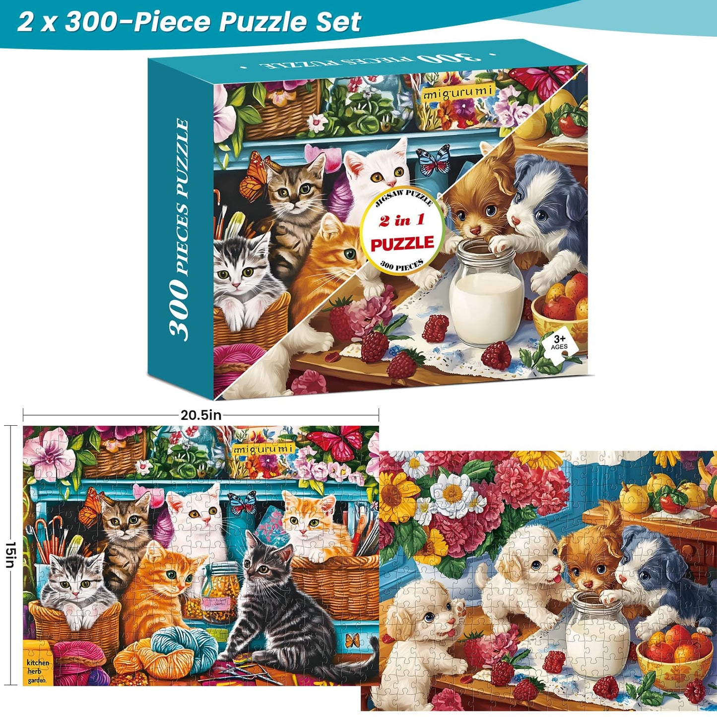 2 Pack 300 Piece Puzzle for Adults,Cute Dogs Cats Jigsaw Puzzle for Adults Teens,Large Piece Puzzle for Kids Ages 8-10 10-12,Glo