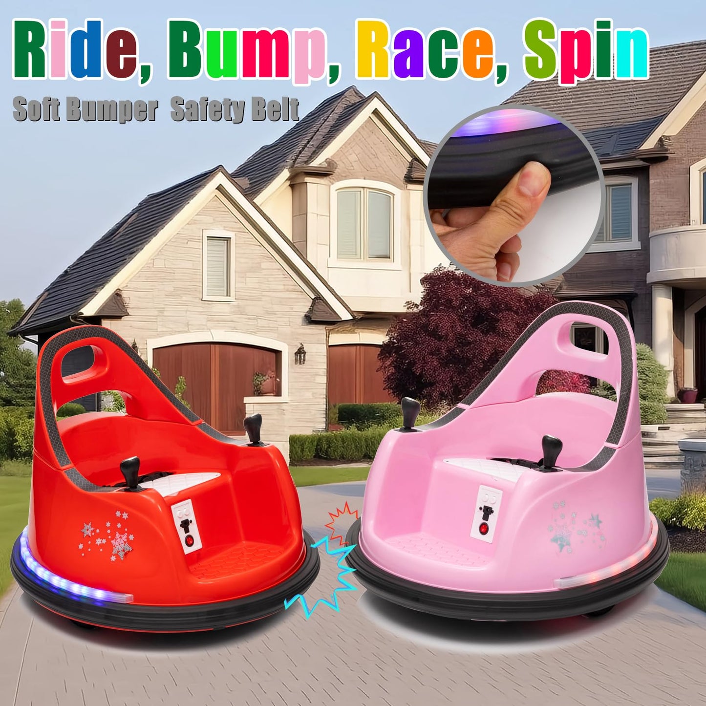 FINITO 12V Ride On Electric Bumper Car for Toddlers with Remote Control, 360 Degree Spin, LED Lights, Music, Safety Belt for Age
