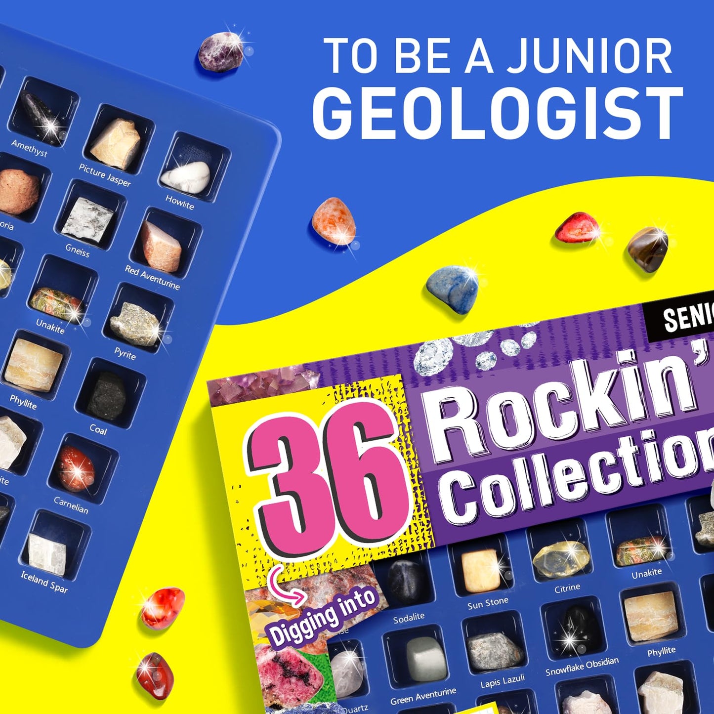 Byncceh Rock Collections For Kids - 36 Real Rocks, Gemstones & Crystals Collection - Educational Science Kit, Great Stem Gift Fo