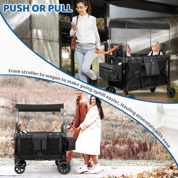 Stroller Wagon for 2 Kids, Wagon Cart Featuring 2 High Seat with 5-Point Harnesses and Adjustable Canopy, Convenient for Storage