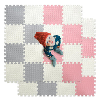 Tamiplay Foam Floor Mats For Kids, 12 X 12 Inch 16 Tiles 0.4' Thickness Foam Play Mat, Non-Toxic Square Interlocking Floor Mats Rubber Baby Play Mat For Toddlers(White/Gray/Lori Pink)