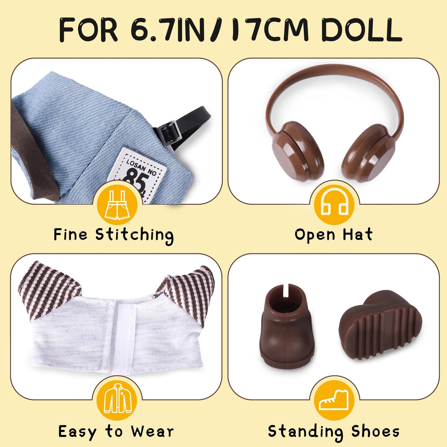 Clothes for 6.7in/17cm Doll  Set of 4 Cute Doll Accessories Includes Doll Hat+T-Shirt+Bib Pants+Shoes Set enhanced Fashion Outfit for Collectors Unique Gift (Style B)
