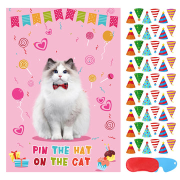 Pin The Hat On The Cat Party Game Cat Birthday Party Games For Kids, Cat Birthday Party Supplies Decorations For Girls Boys, Large Pin The Tail Poster With 54 Hat Stickers