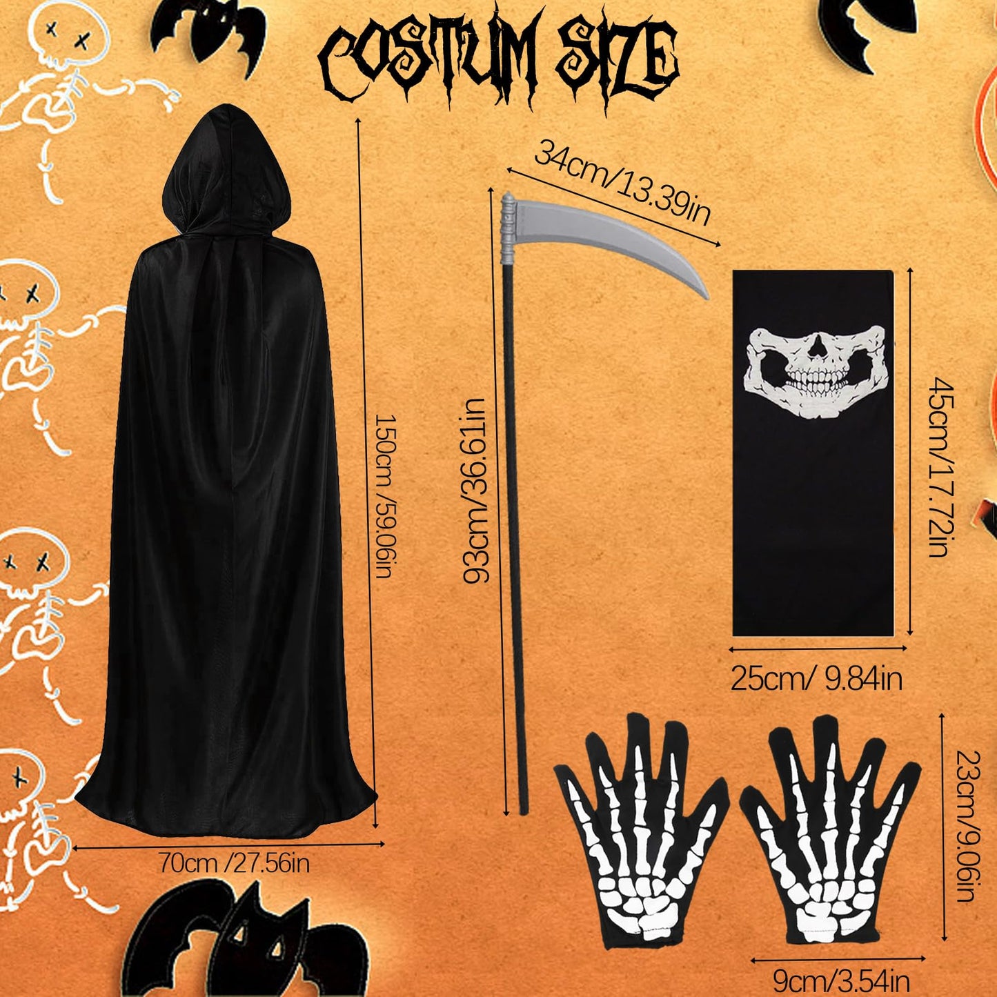 Kitimi Halloween Grim Reaper Costume Set  4 PCS Grim Reaper Hooded Cape with Skeleton Gloves  Grim Reaper Scythe