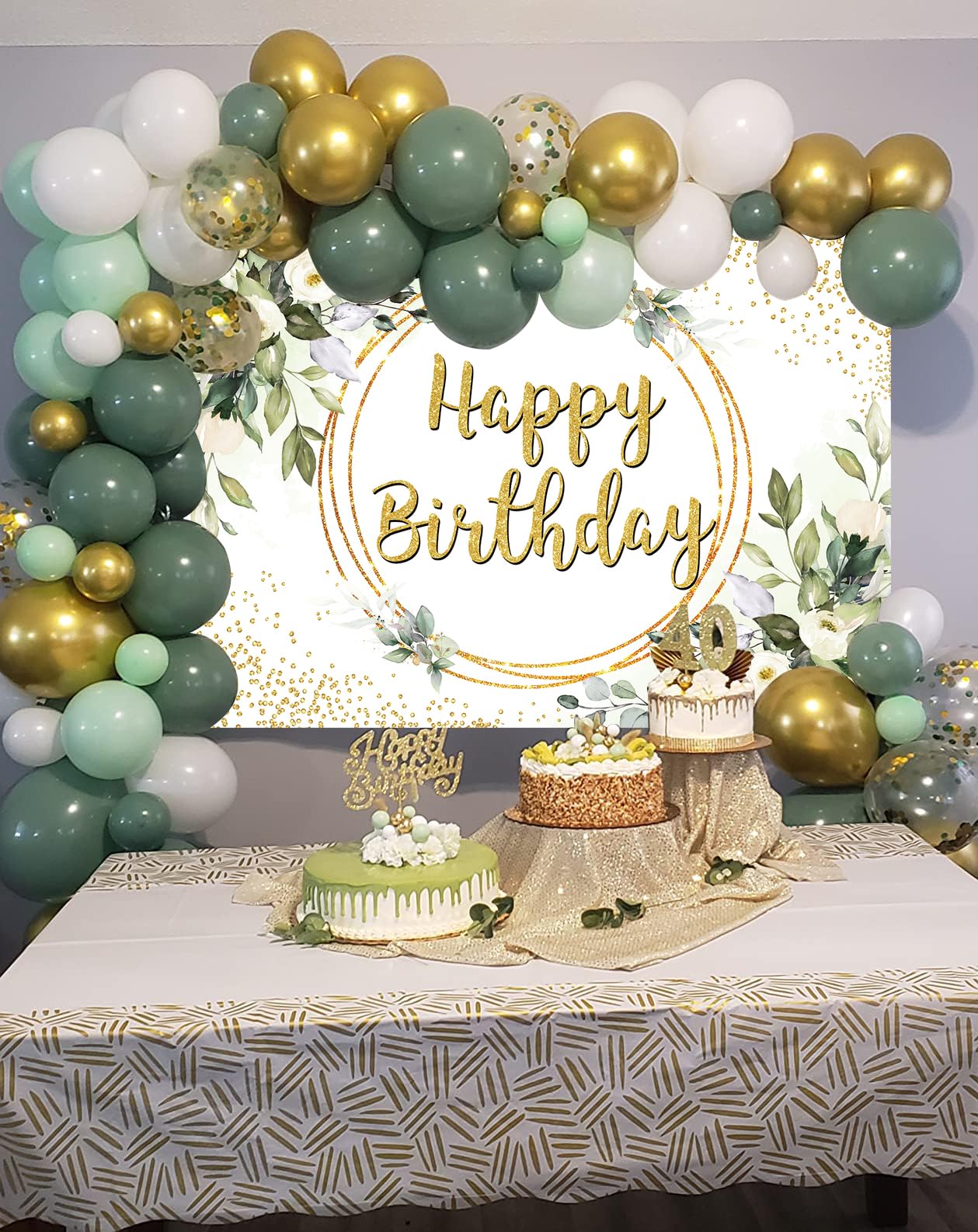 Green Happy Birthday Backdrop Greenery Succulent and Gold Eucalyptus Green Leaves Photography Background Jungle Boys Girl Women