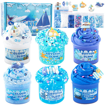 6 Packs Gradient Blue Slime Kit - Cloud Slime, Butter Slime & Clear Slime, Crunchy Slime For Kids With Various Slime Add-Ins, Non Sticky Slime Party Favors For Girls And Boys, 360Ml Kids Slime (Ocean)