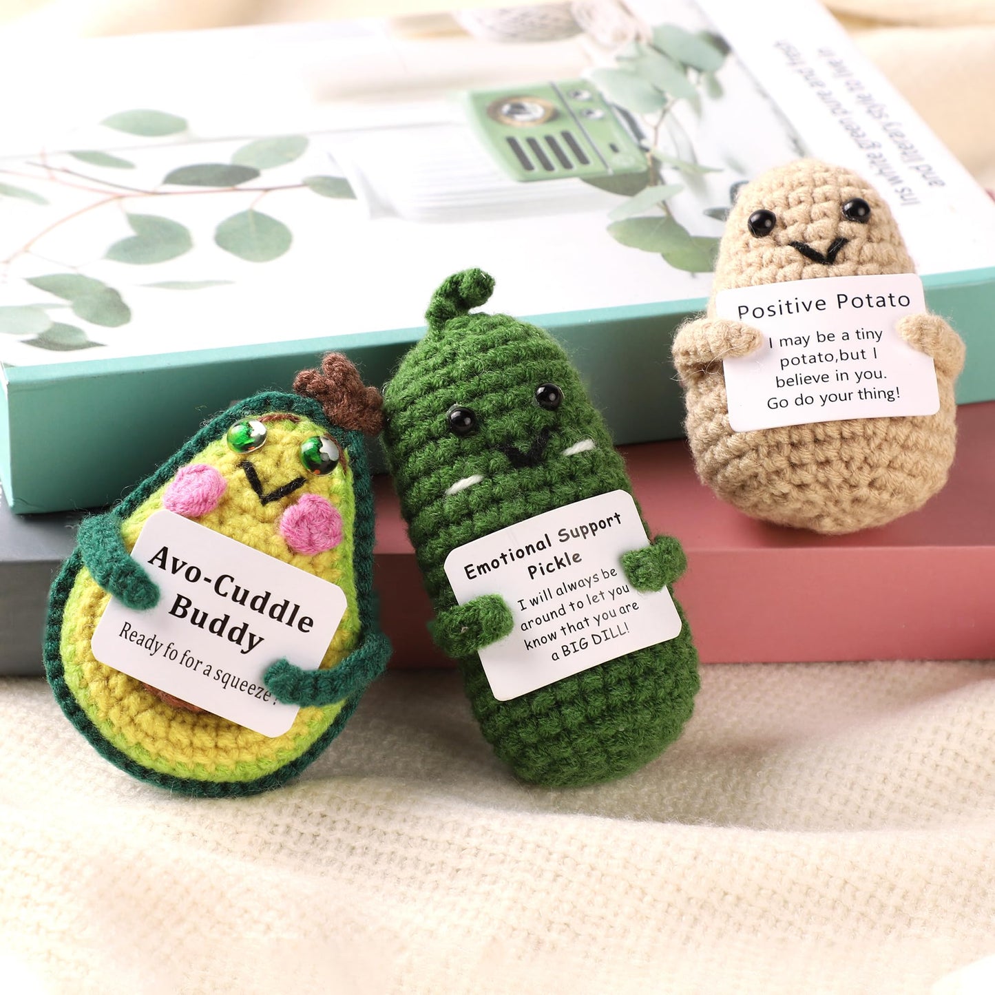 Dhoem Emotional Support Pickle And Funny Positive Potato Cute Avocado,3 Inch Mini Crochet Doll With Unique Positive Card For Che