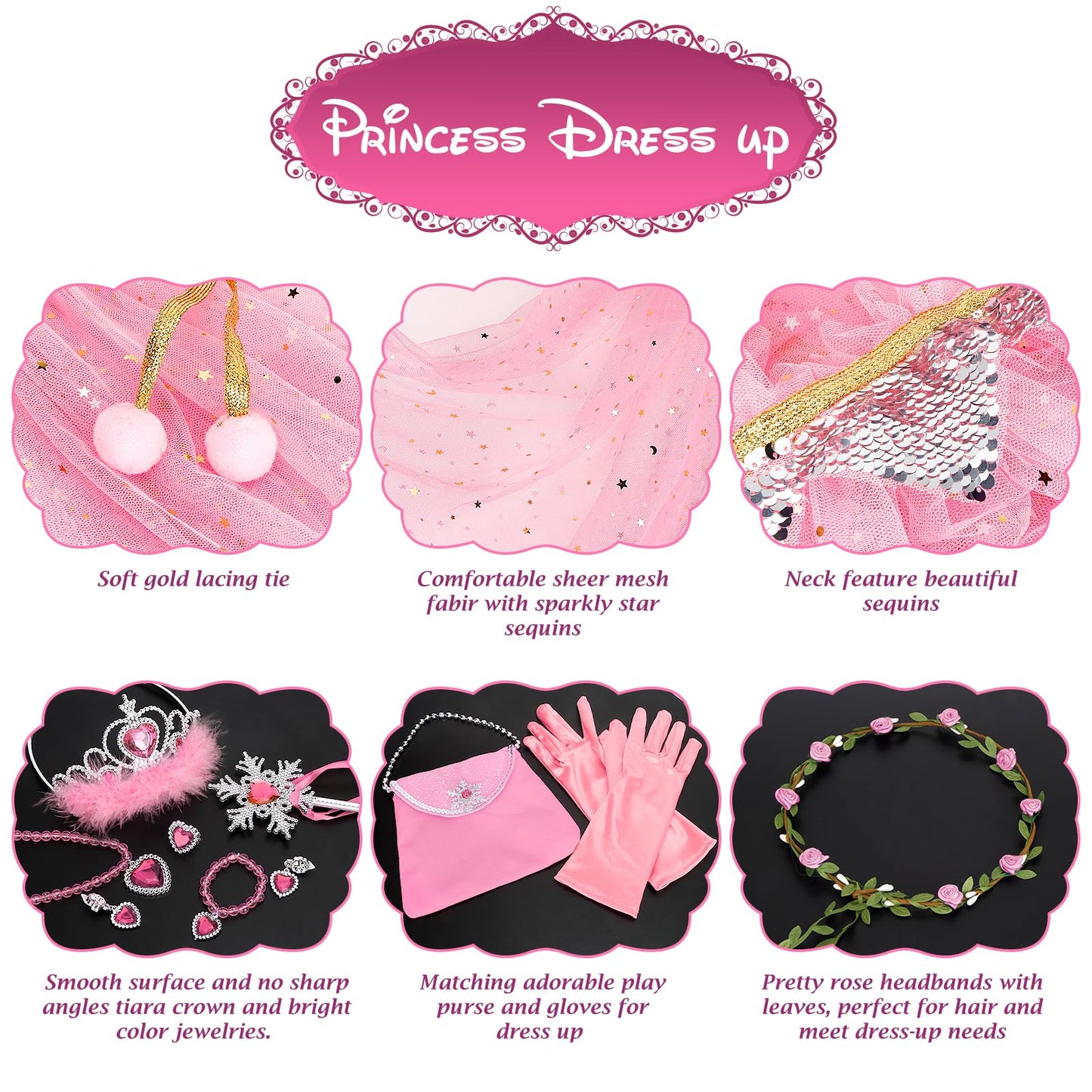 Fedio Princess Cape Set,12Pcs Princess Dress Up Clothes For Little Girl, Princess Dresses For Girl 3-8 Years Birthday Gift