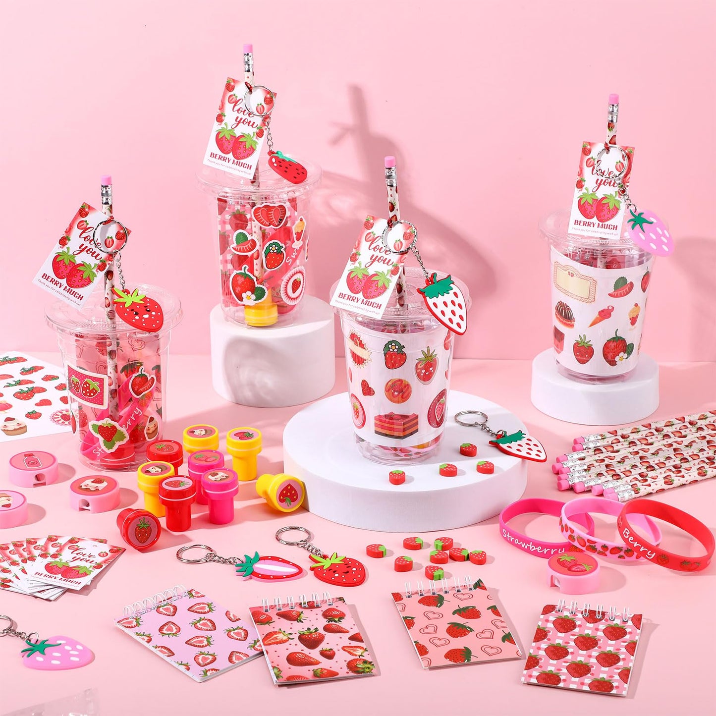 Colarr 161 Pcs Strawberry Party Favors School Stationery Set Includes Gift Cup Notebook Pencil Sharpener Eraser Keychain Stamp S