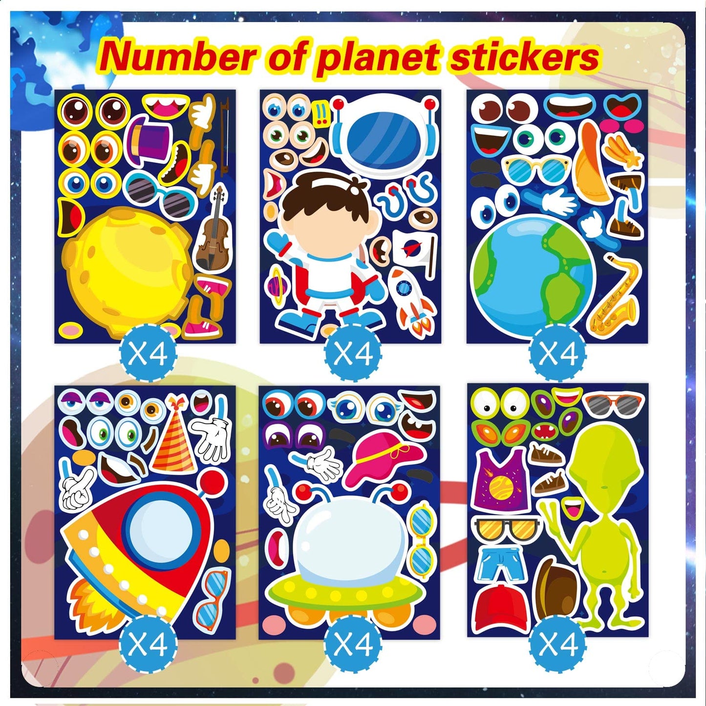 24 Sheets Space Stickers For Kids Make Your Own Astronaut Stickers, Make A Face Planet Stickers Mix Of Alien, Rocket, Ship And M