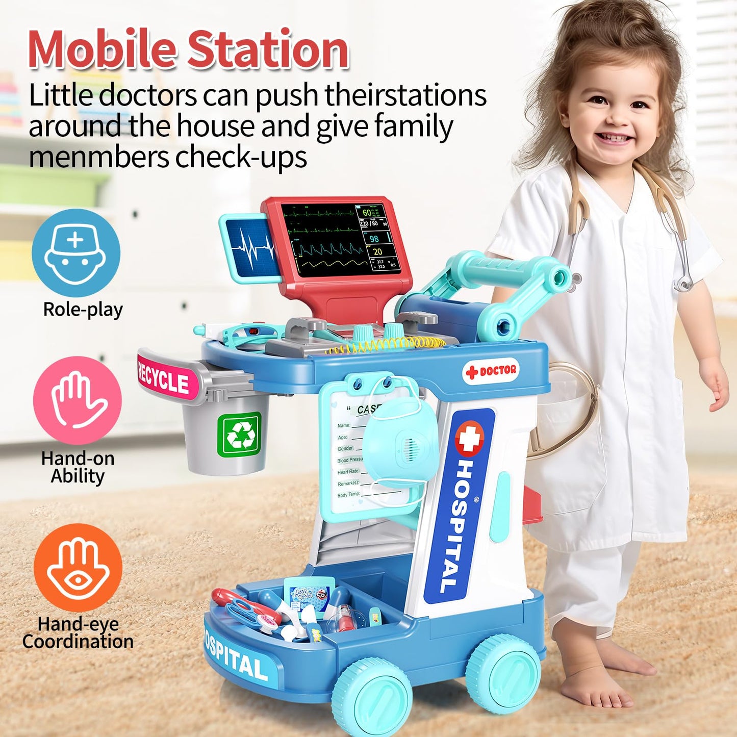 Doctor Kit for Kids, Pretend Doctor Playset for Toddlers with Cart, Costume and Stethoscope, Role Play Medical Toy for Girls Boy