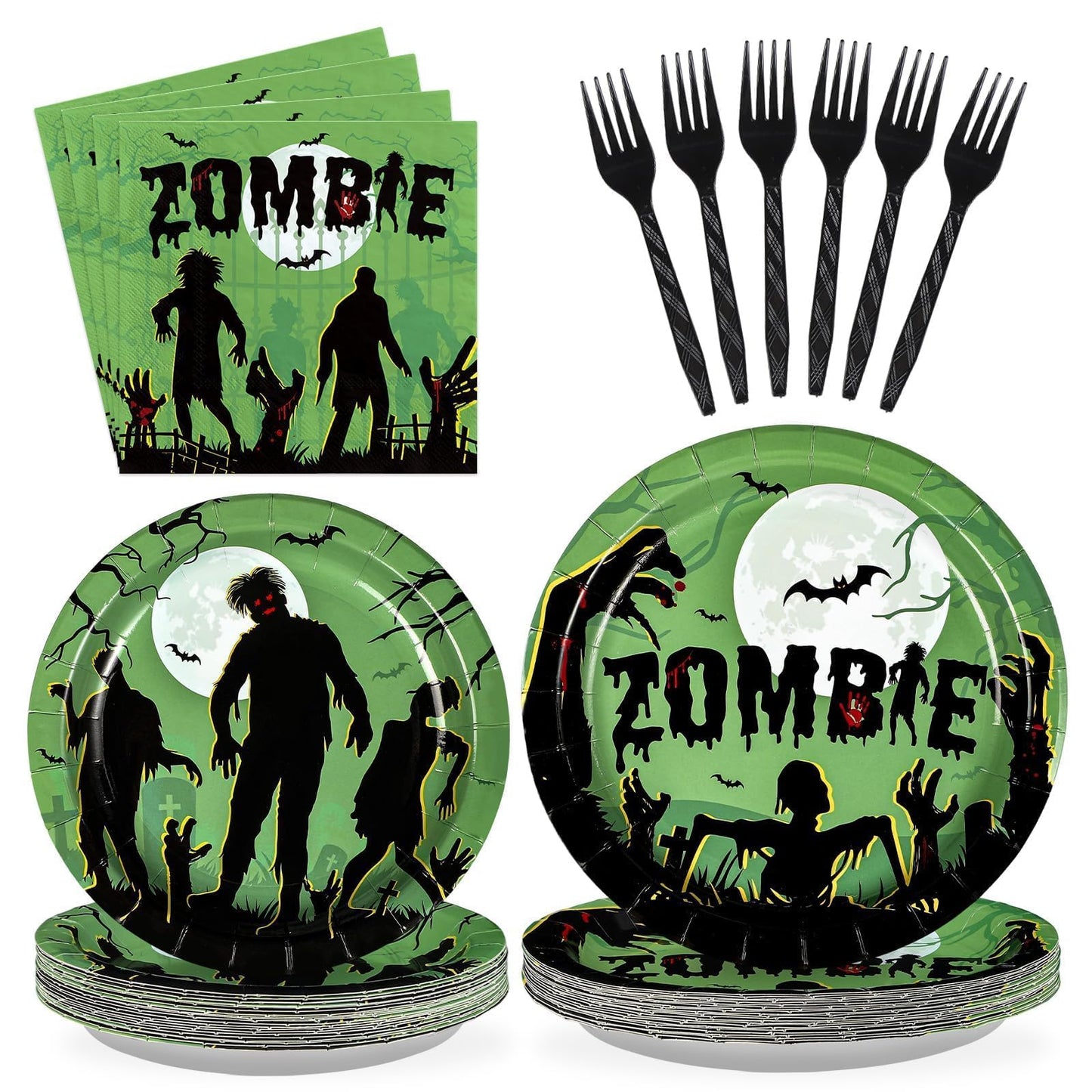 Grencian 96Pcs Halloween Zombie Party Supplies Green Spooky Zombie Plates and Napkins Horror Themed Tableware Sets for Halloween