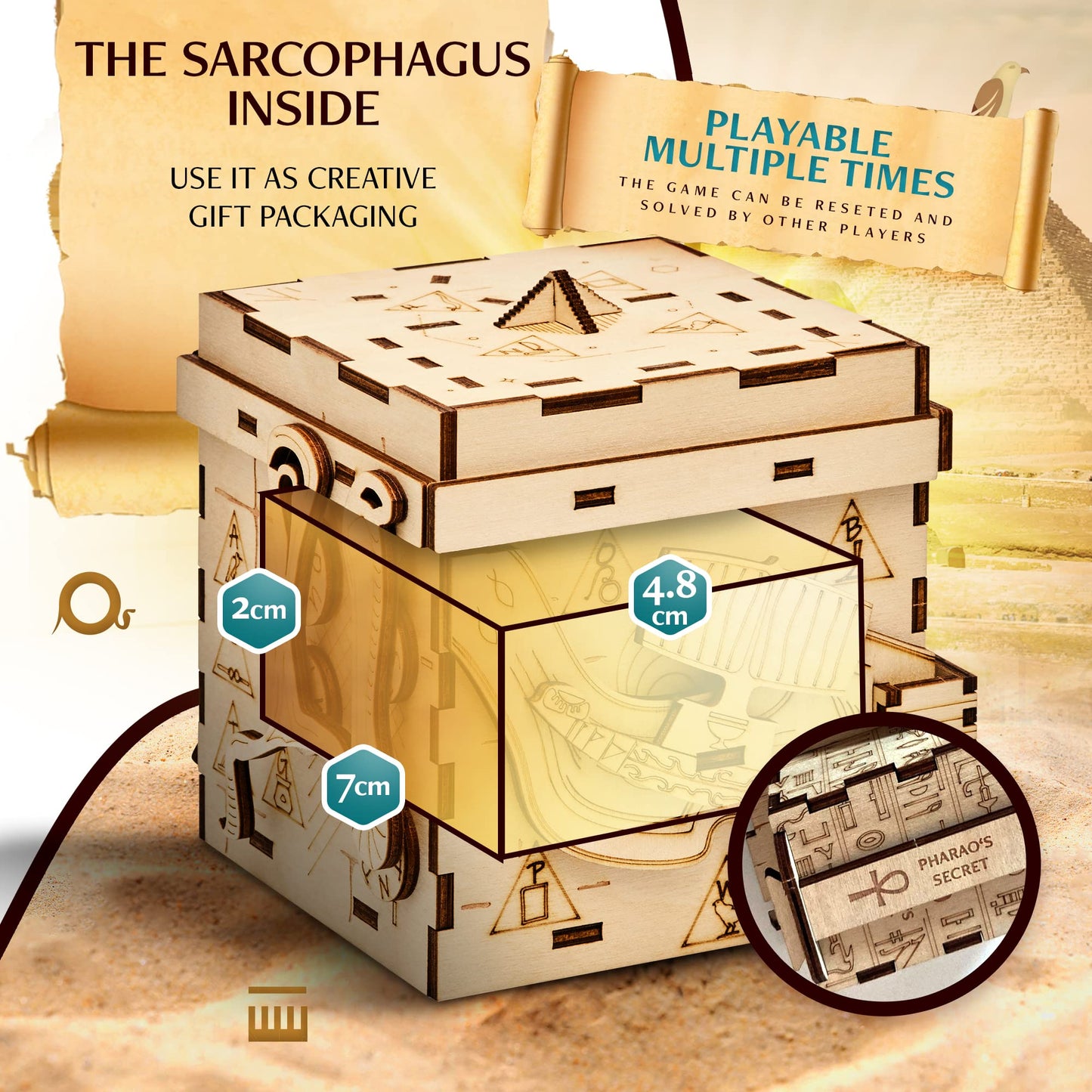 INSCAPE Pharaoh’s Secret Puzzle Box - Wooden Mind Puzzles for Adults - 11x11x10.5 cm - Cluebox with Hidden Compartments - Model INSCAPE-BOX-