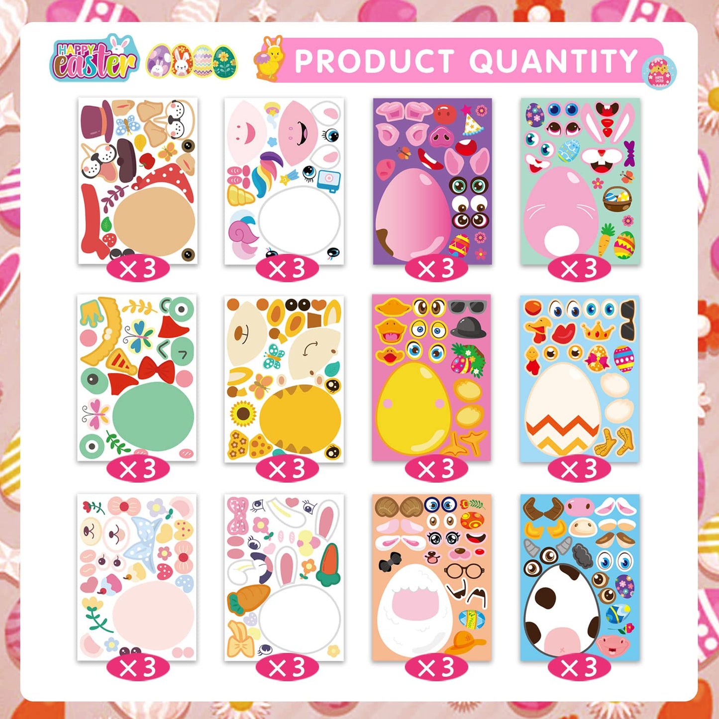 36 Sheets Easter Egg Stickers For Kids,Easter Basket Stuffers,Make A Face Sticker With Easter Egg Themed,Make Your Own Sticker,E
