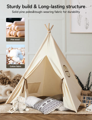 Besrey Kids Tent, Teepee Play Tent With Lights And Padded Mat, Portable Cotton Tipi For Indoor Reading And Playtime