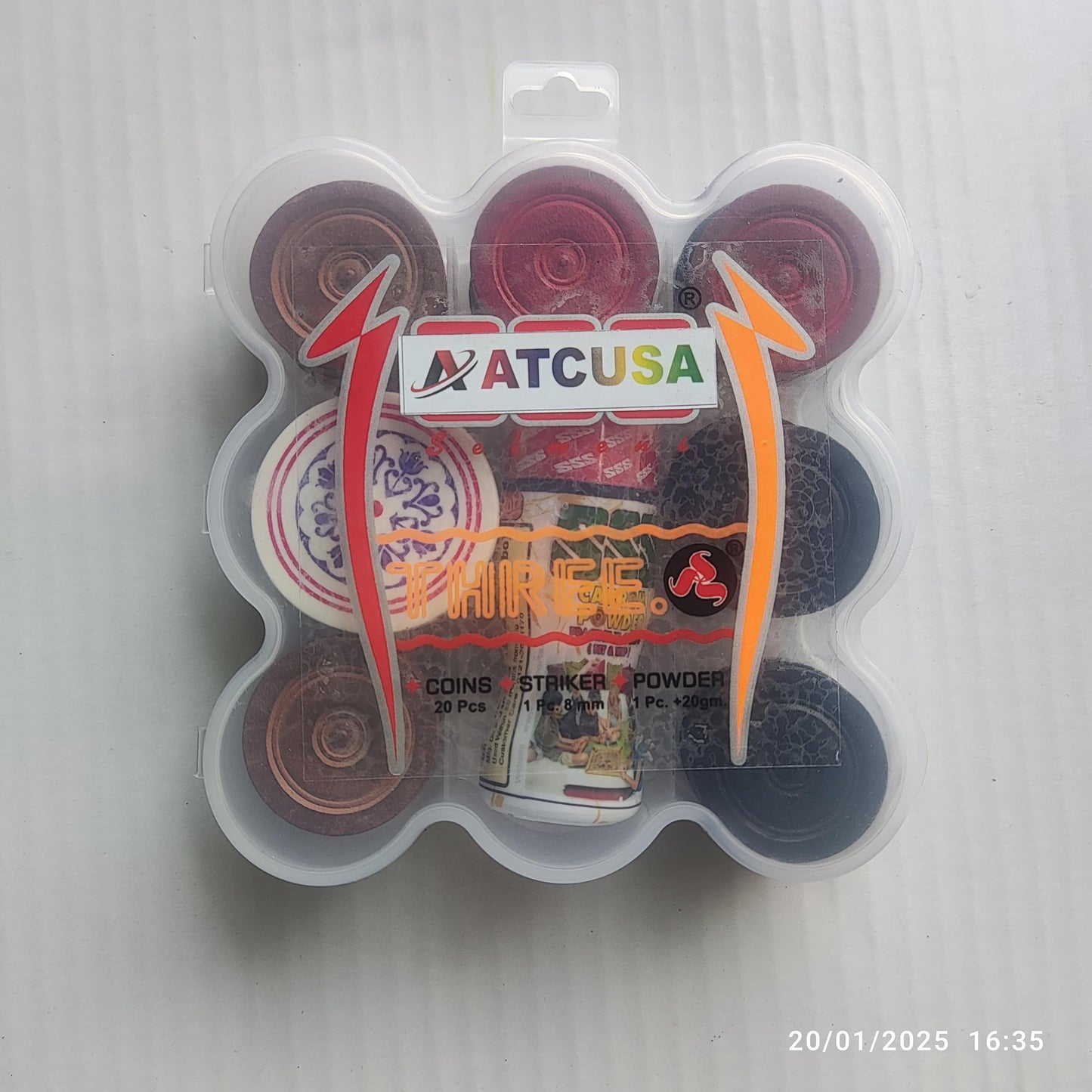 ATCUSA Carrom Board Wooden Coins Set - 20 Veneer Wood Coins, 1 Striker, 1 Powder, 4.5"x5.5", Professional Tournament Grade