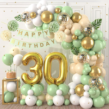 30Th Birthday Decorations Sage Green,30Th Birthday Balloon Garland Party Decorations With Number 30 Foil Balloons,Happy Birthday