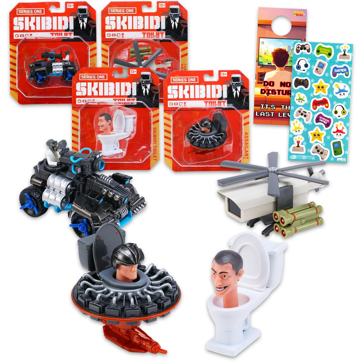 Skibidi Toilet Figure 4 Pack  Bundle with Diecast Vehicles of Camera Attack Helicopter, Parasite Disabler Laser Tank, Assailant