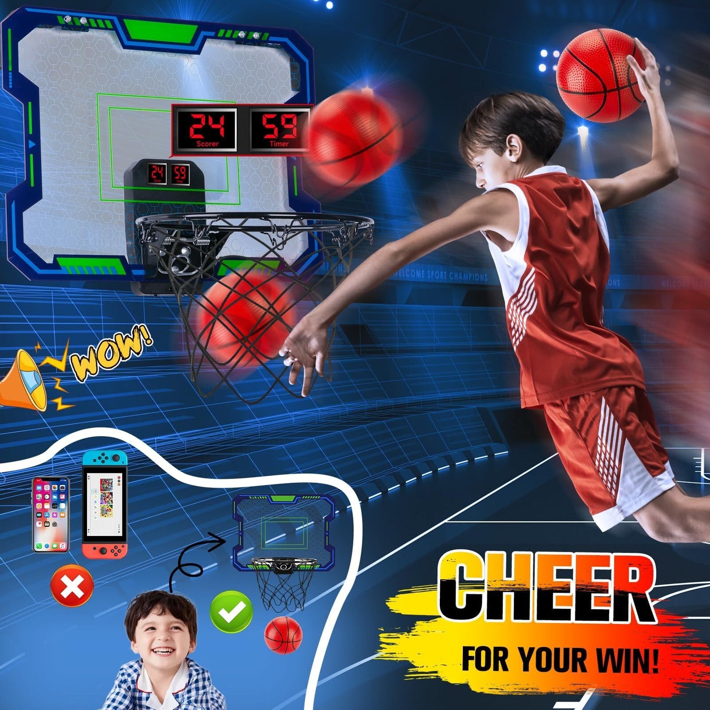 Vignuto Indoor Basketball Hoop For Kids(4-12 Years Old), Over The Door Basketball Hoop With Scoring, Countdown And Music Accompa